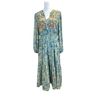See and Be Seen Floral‎ Embroidered Smocked Tiered Midi Dress Green M